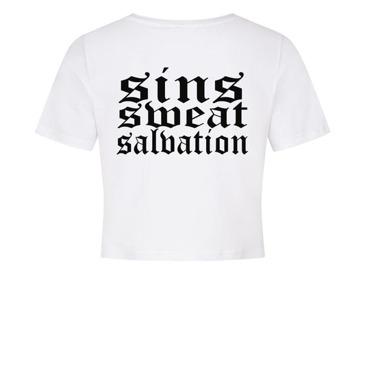 Sins Sweat Salvation Crop Top-T-Shirt-Swolemates